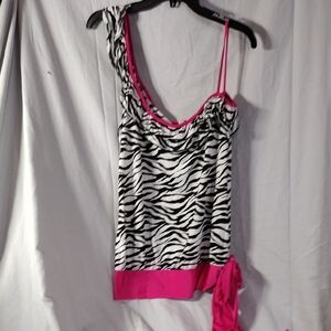 Black and White Zebra Print Asymmetrical Tank Top With Bold Pink Trim And Bow